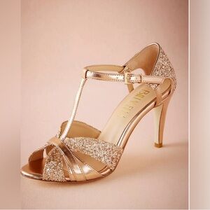 Anthropologie BHLDN Billy Ella Lucia T-strap glitter strap heels with box.